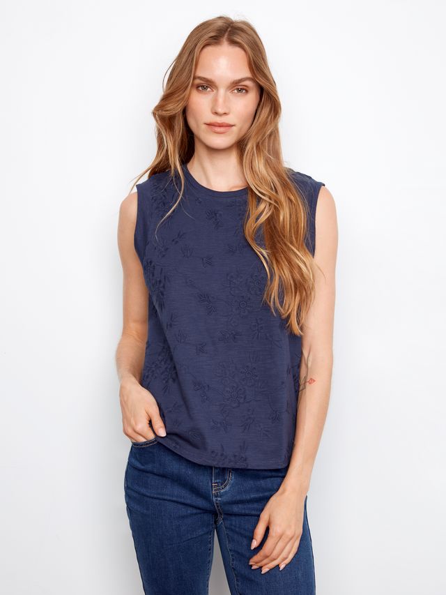 Charlie B Floral Embroidered Sleeveless Cotton Top