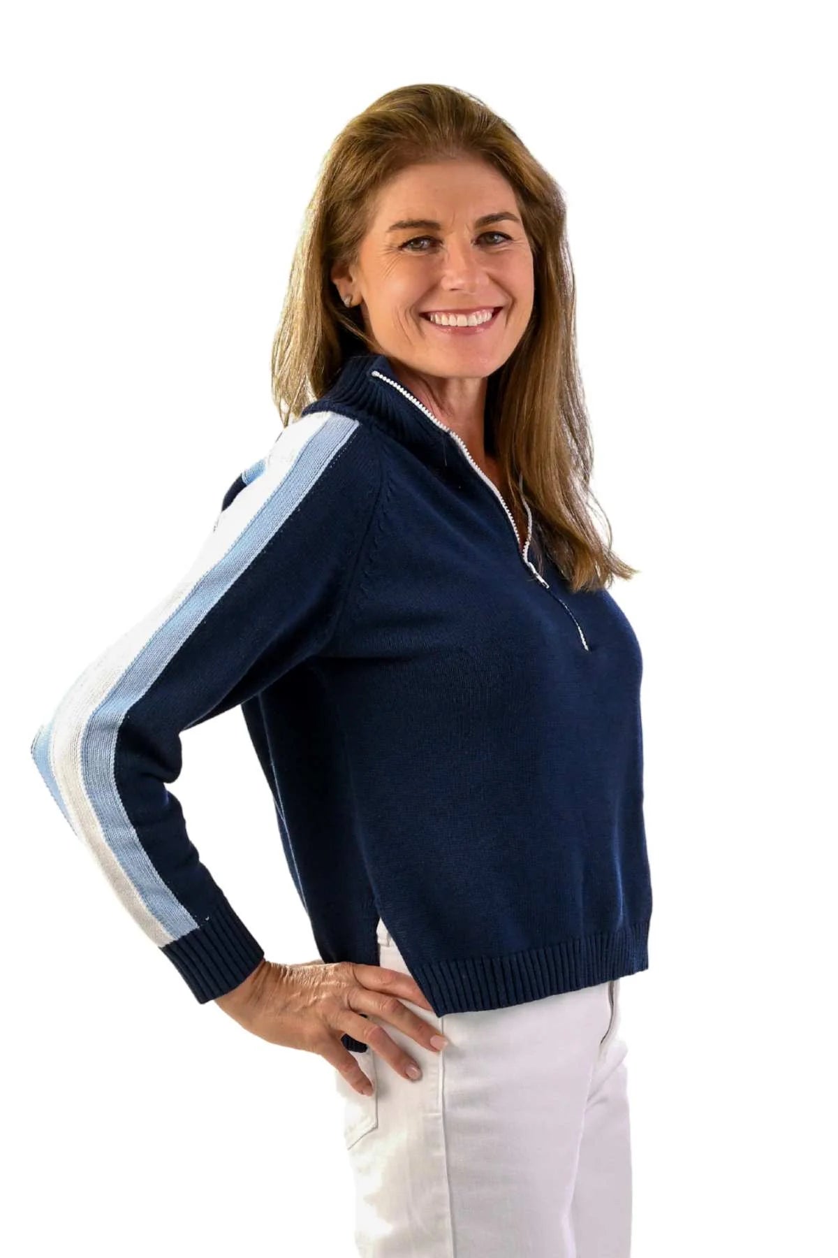 Walker & Wade Striped Half Zip Sweater Navy/Sky Blue
