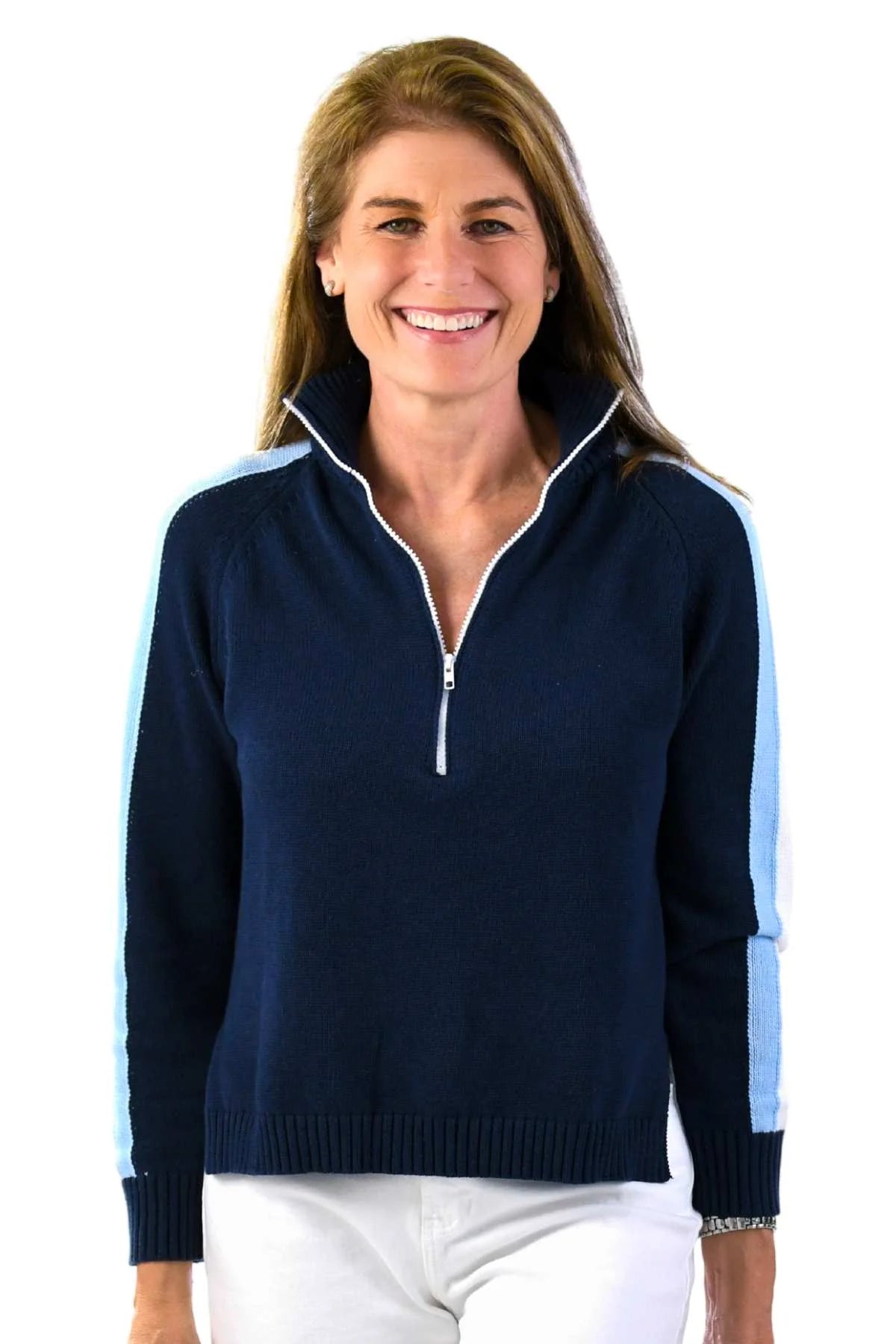 Walker & Wade Striped Half Zip Sweater Navy/Sky Blue