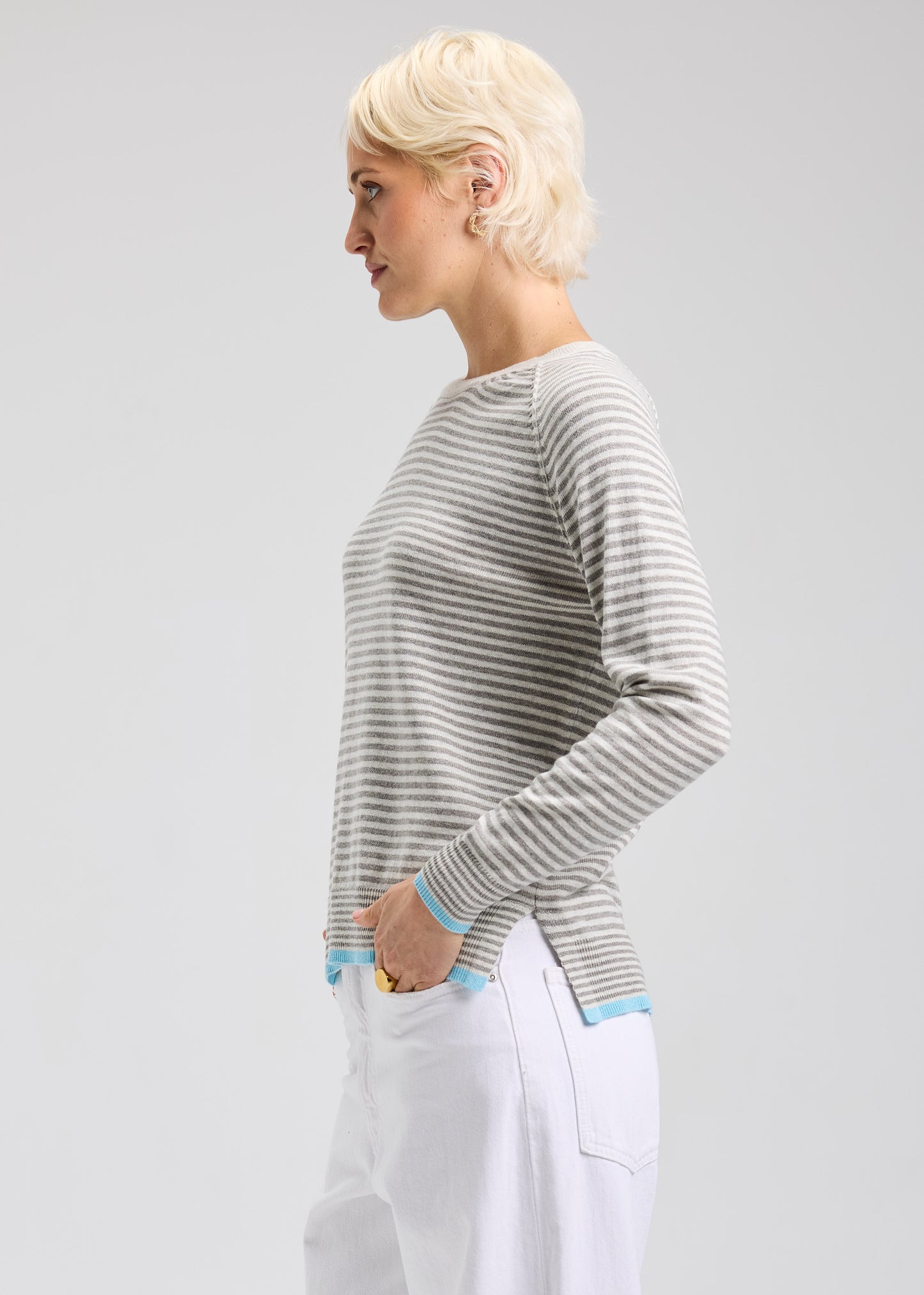 Zaket & Plover Stripe Crew Sweater Light Marl