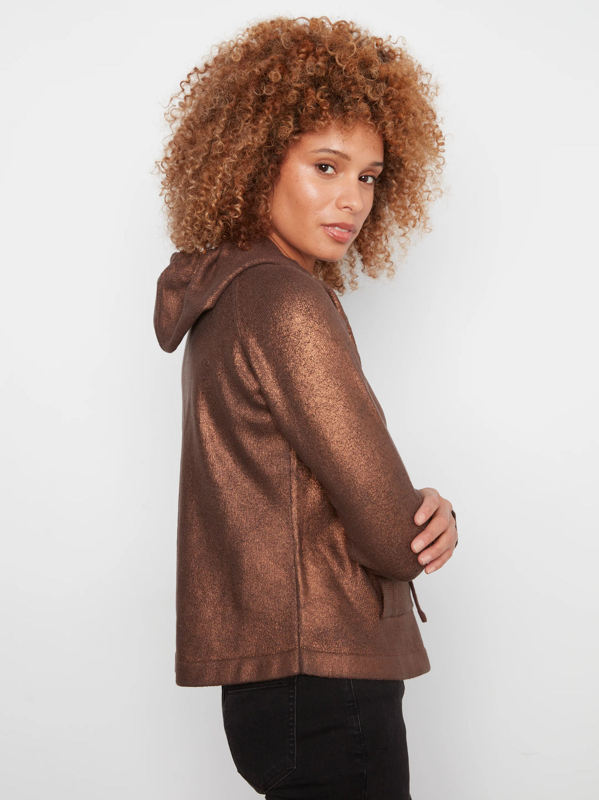 Charlie B Metallic Knit Hoodie Kangaroo Pocket Sweater - Copper