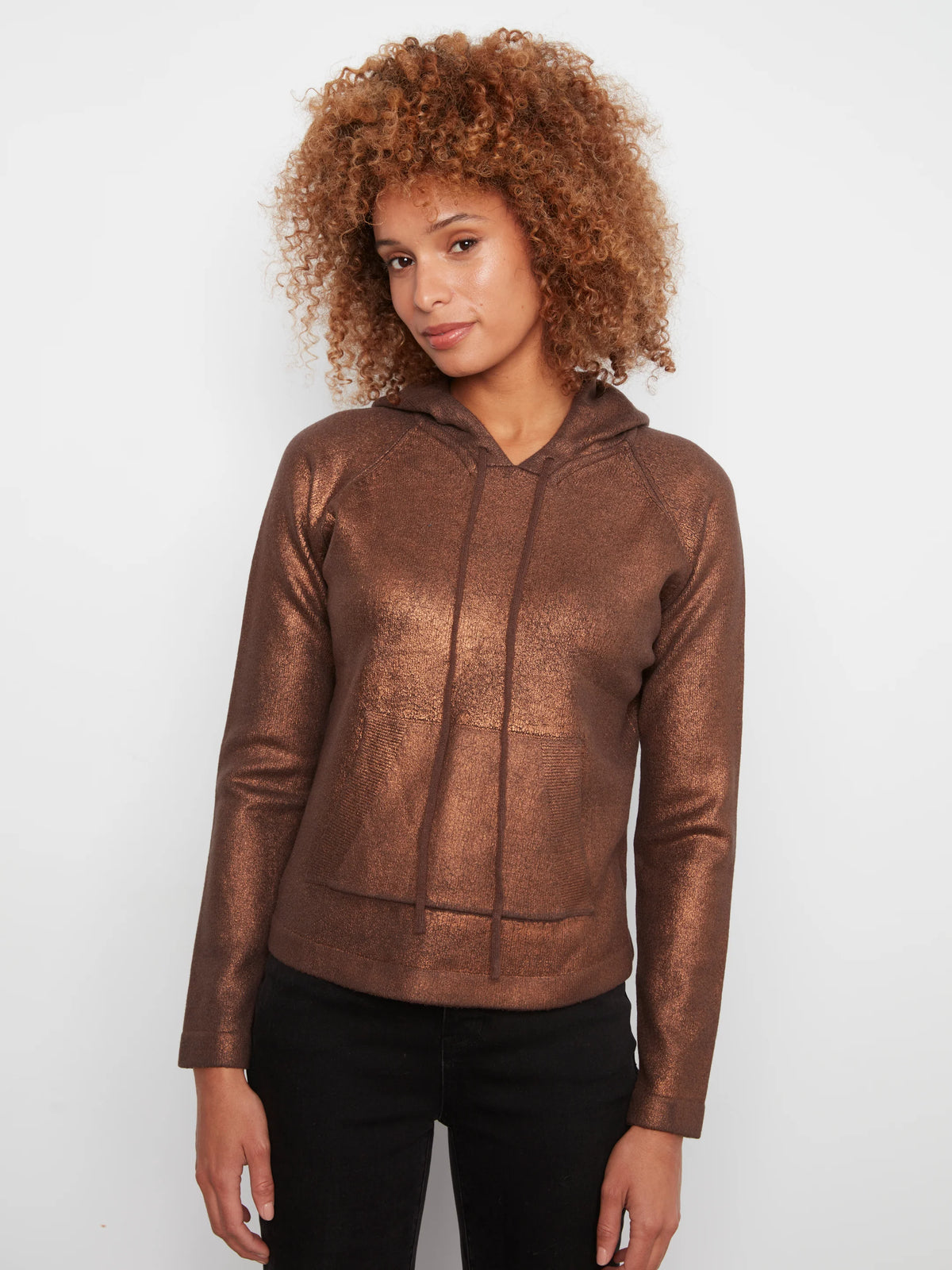 Charlie B Metallic Knit Hoodie Kangaroo Pocket Sweater - Copper