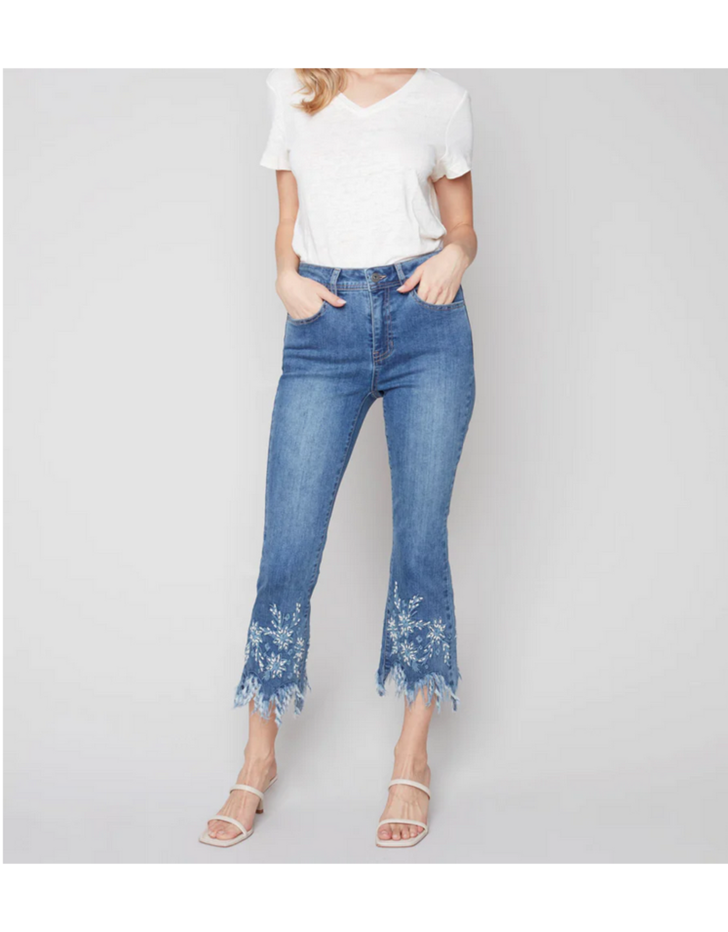 Charlie B Floral Embroidered Feather & Pearl Hem Jeans