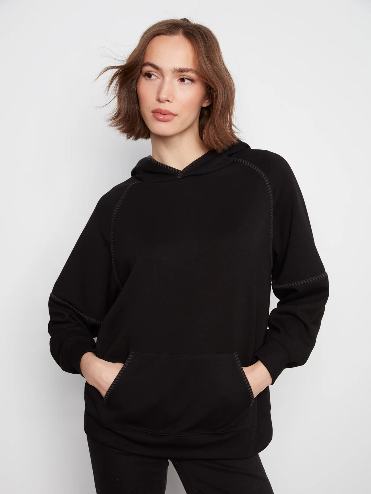 Charlie B Blanket Stitch Soft Scuba Hoodie - Black