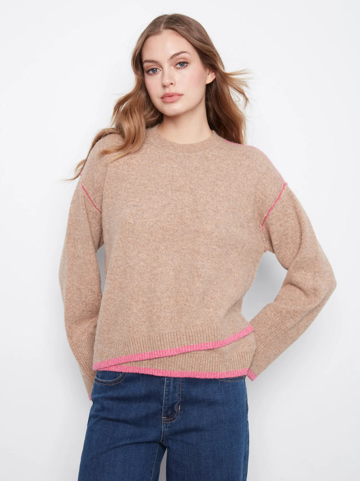 Charlie B Crew Neck Hem Detail Sweater Heather Camel