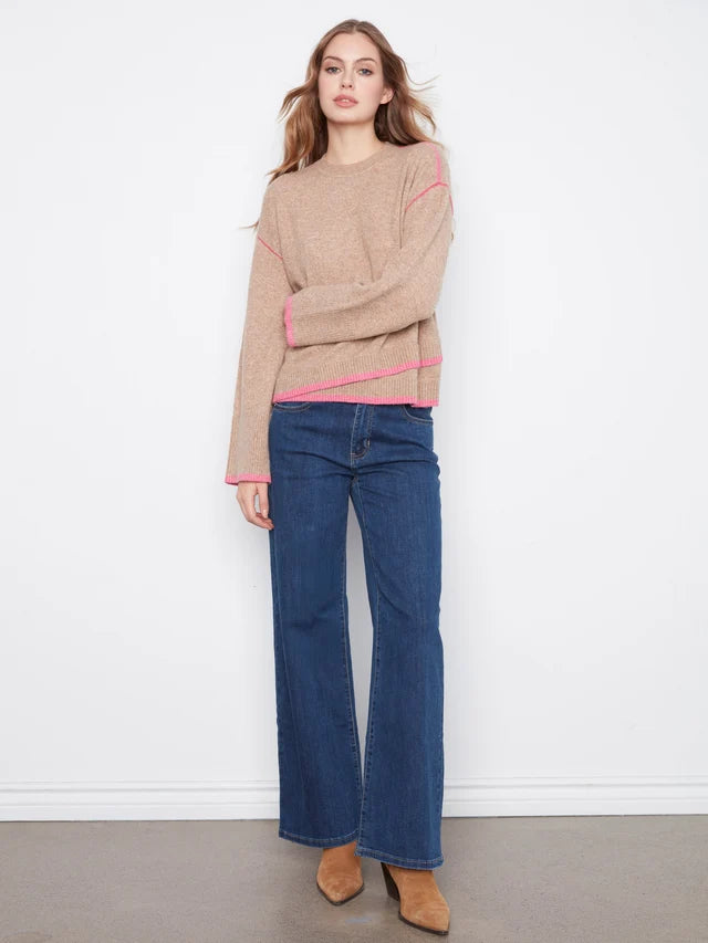 Charlie B Crew Neck Hem Detail Sweater Heather Camel