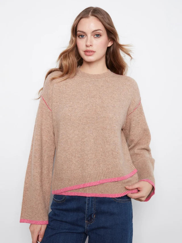 Charlie B Crew Neck Hem Detail Sweater Heather Camel