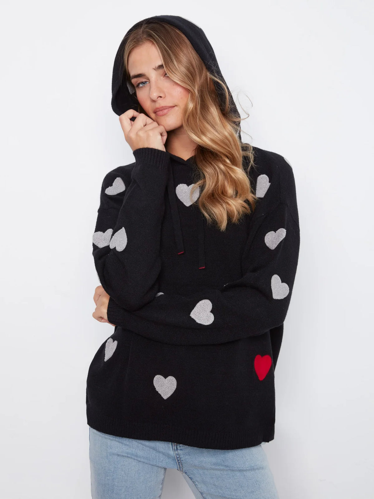 Charlie B Embroidered Hearts Hoodie Sweater - Black