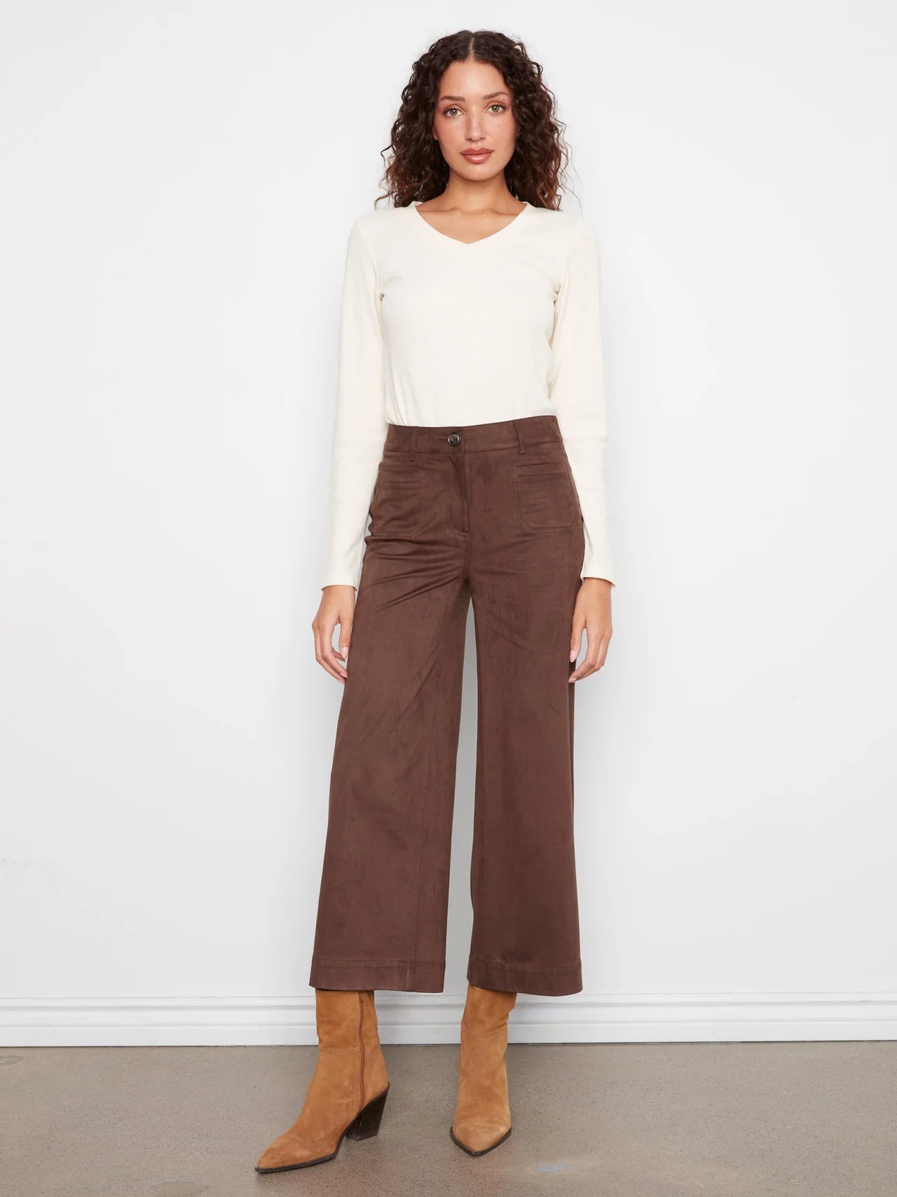 Charlie B Faux Suede Cropped Wide Leg Pants - Coffee
