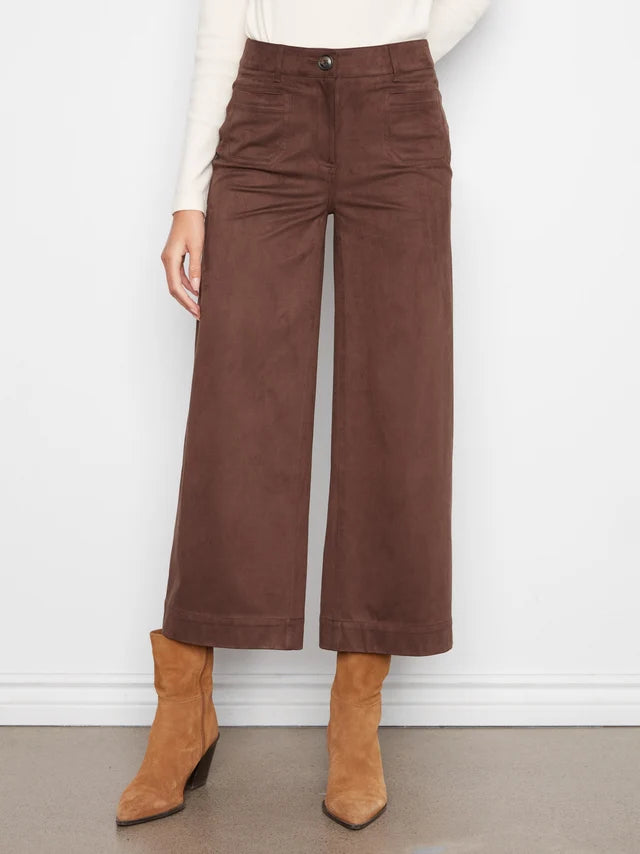 Charlie B Faux Suede Cropped Wide Leg Pants - Coffee