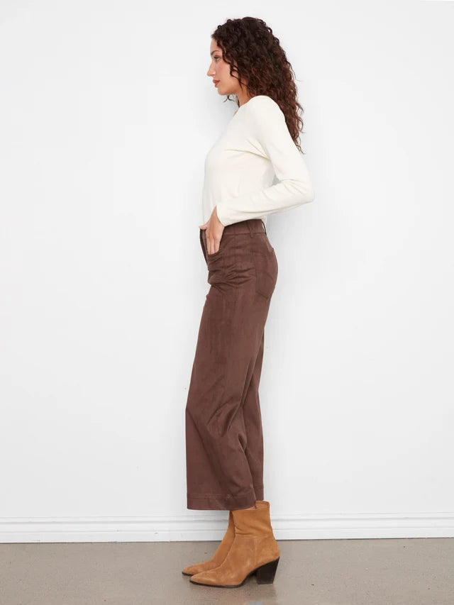 Charlie B Faux Suede Cropped Wide Leg Pants - Coffee