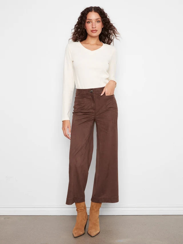 Charlie B Faux Suede Cropped Wide Leg Pants - Coffee