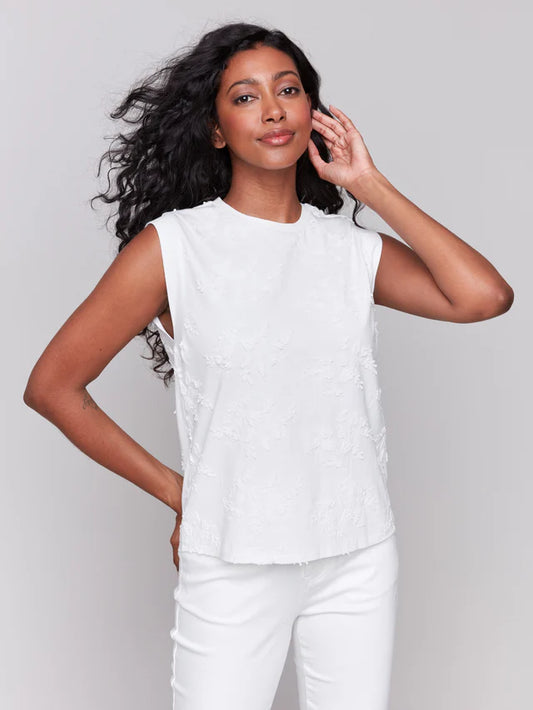 Charlie B Floral Embroidered Sleeveless Cotton Top