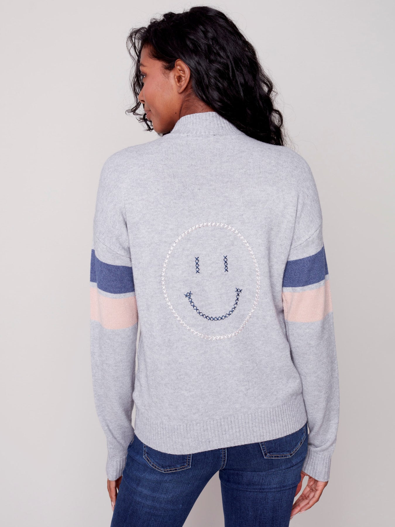 Charlie B Mock Neck Sweater with Smiley Stitching-Gray