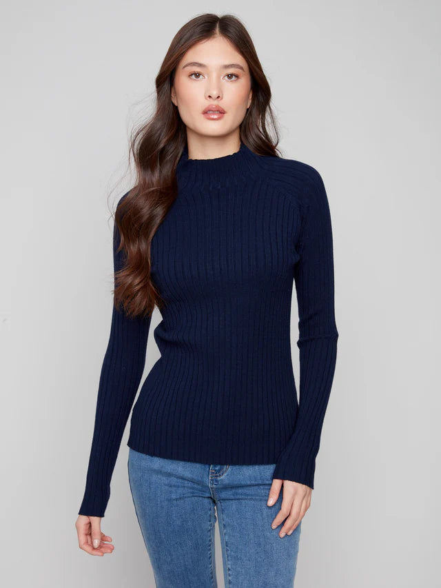 Charlie B Ribbed Knit Mock Sweater - Navy