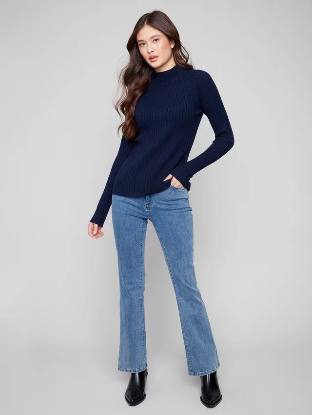 Charlie B Ribbed Knit Mock Sweater - Navy