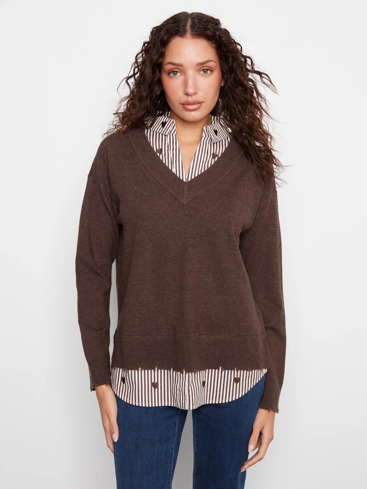 Charlie B  V-Neck Fooler Sweater Embroidered Shirt Collar - Heather Coffee