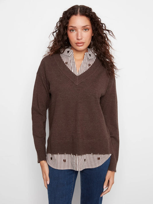Charlie B  V-Neck Fooler Sweater Embroidered Shirt Collar - Heather Coffee