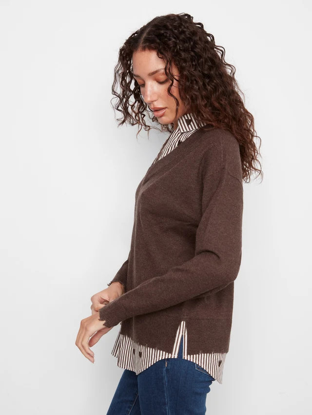 Charlie B  V-Neck Fooler Sweater Embroidered Shirt Collar - Heather Coffee