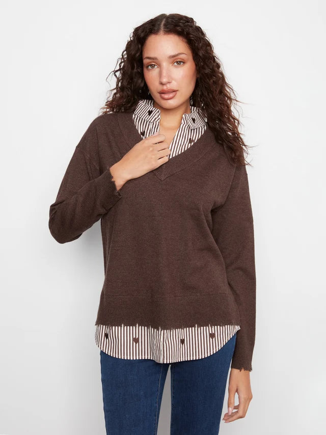Charlie B  V-Neck Fooler Sweater Embroidered Shirt Collar - Heather Coffee
