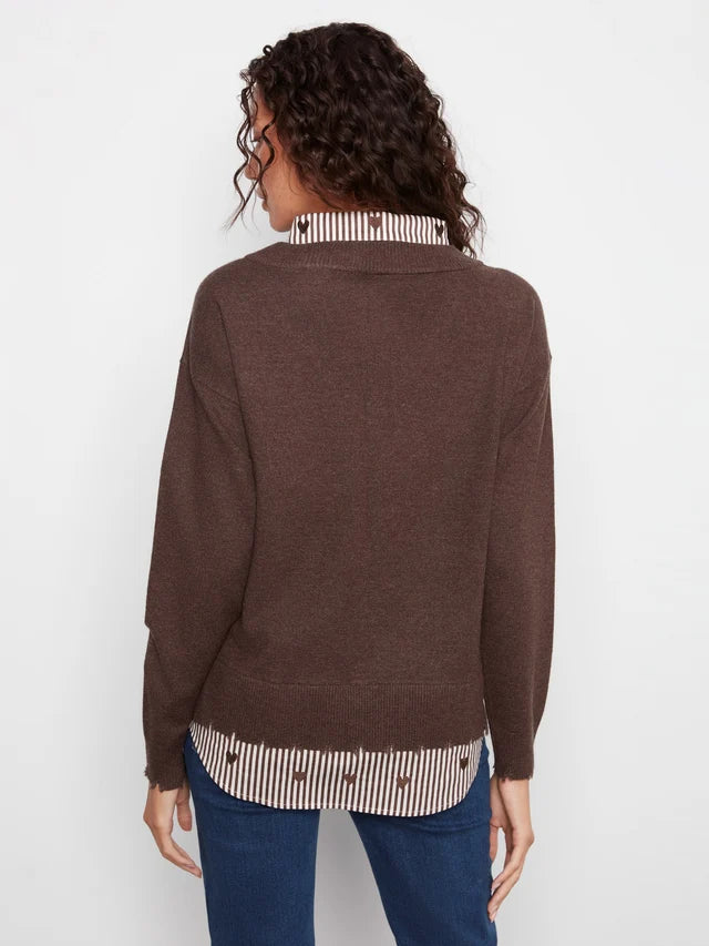 Charlie B  V-Neck Fooler Sweater Embroidered Shirt Collar - Heather Coffee