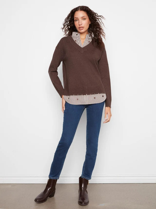 Charlie B  V-Neck Fooler Sweater Embroidered Shirt Collar - Heather Coffee