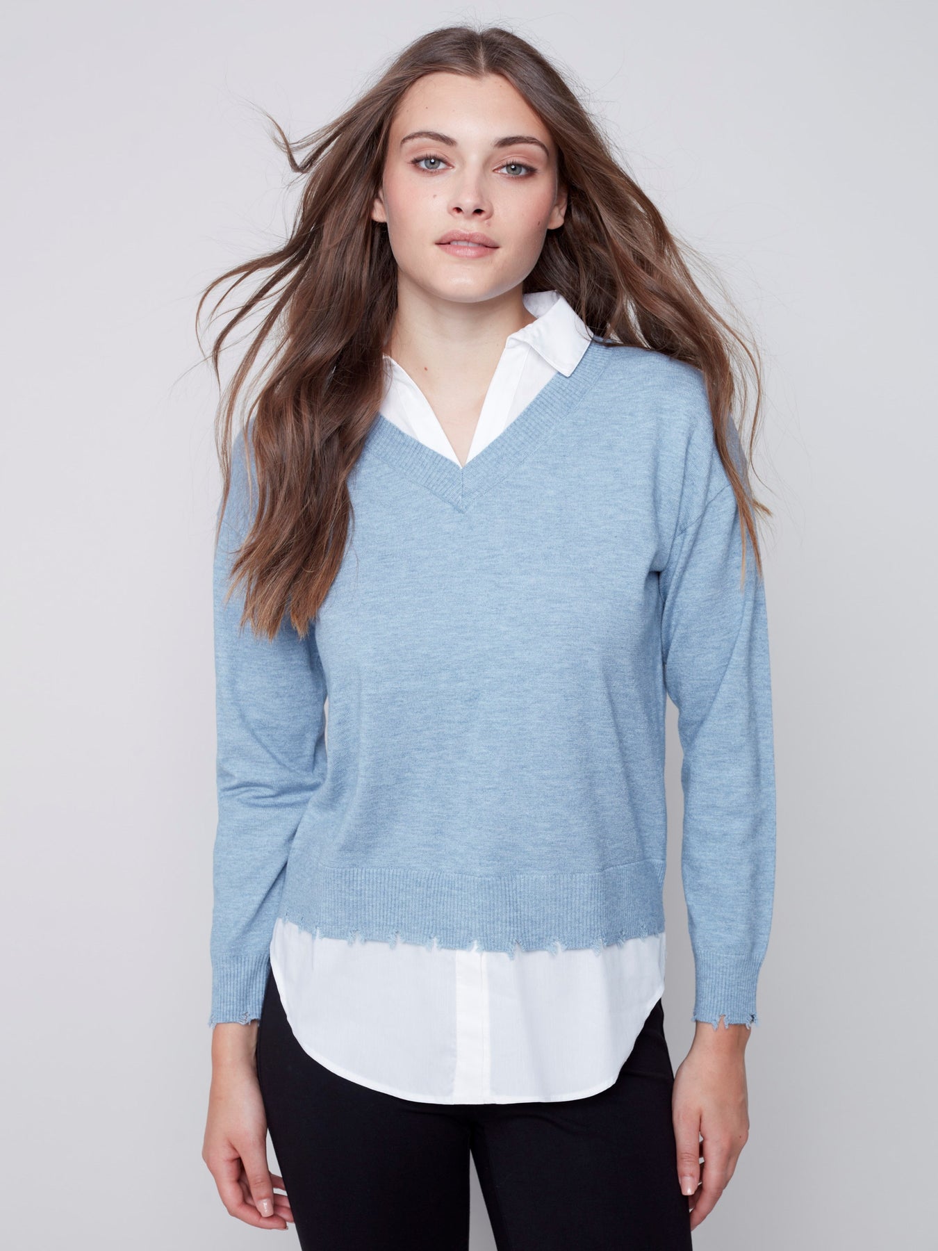 Charlie B V-Neck Sweater with Shirt Collar