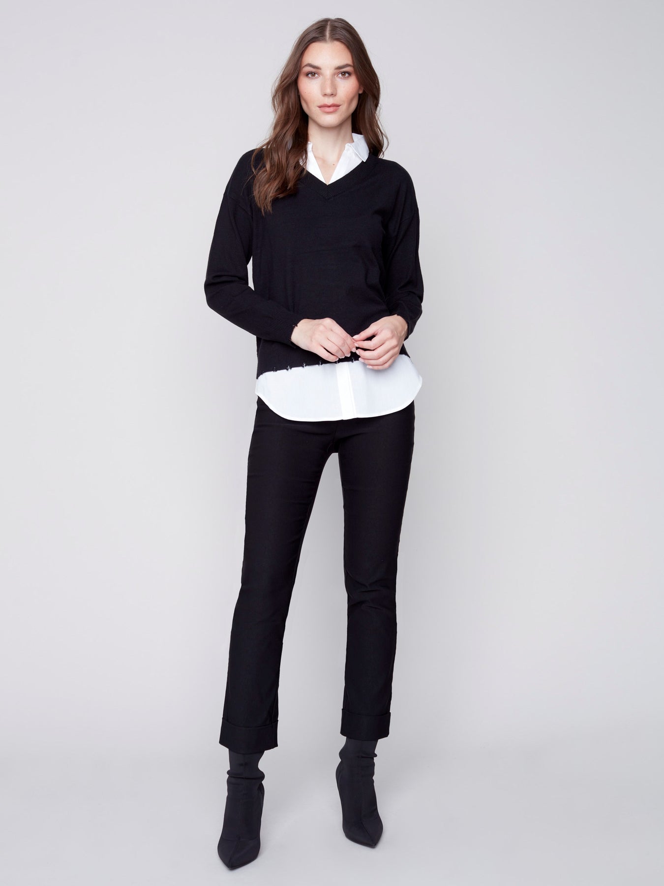 Charlie B V-Neck Sweater with Shirt Collar