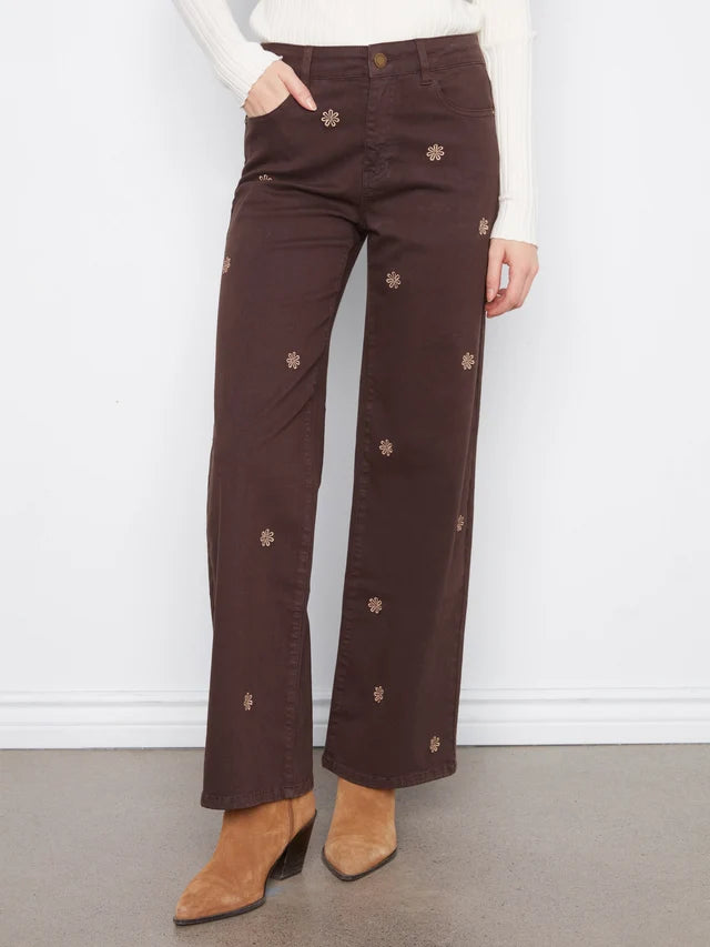 Charlie B Wide Leg Twill Pants With Floral Embroidery - Coffee