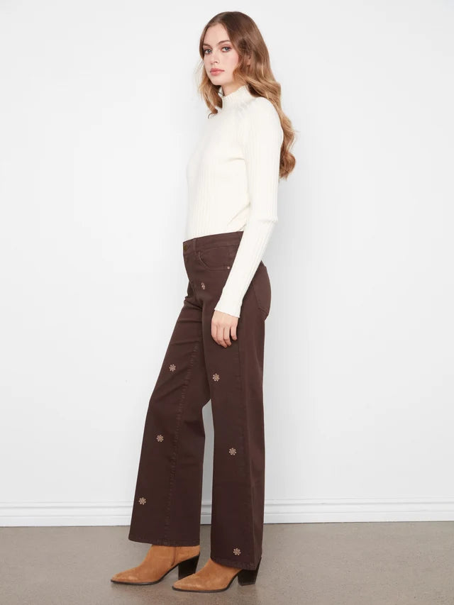 Charlie B Wide Leg Twill Pants With Floral Embroidery - Coffee