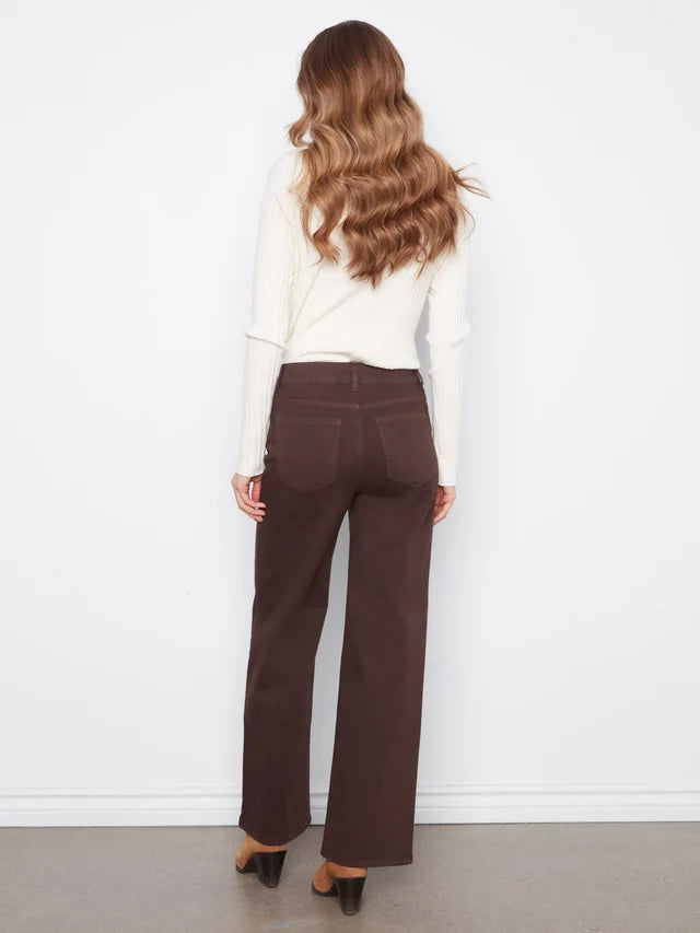 Charlie B Wide Leg Twill Pants With Floral Embroidery - Coffee