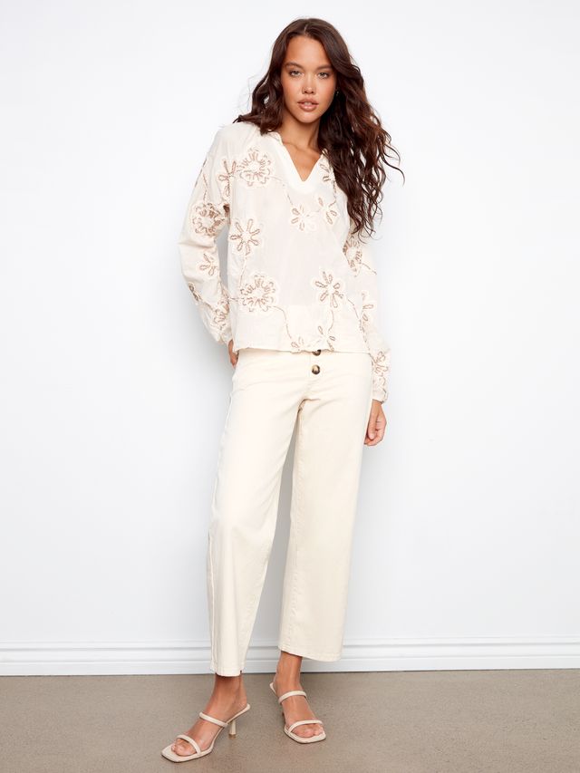 Charlie B Embroidered Raglan Long Sleeve Blouse - Ecru
