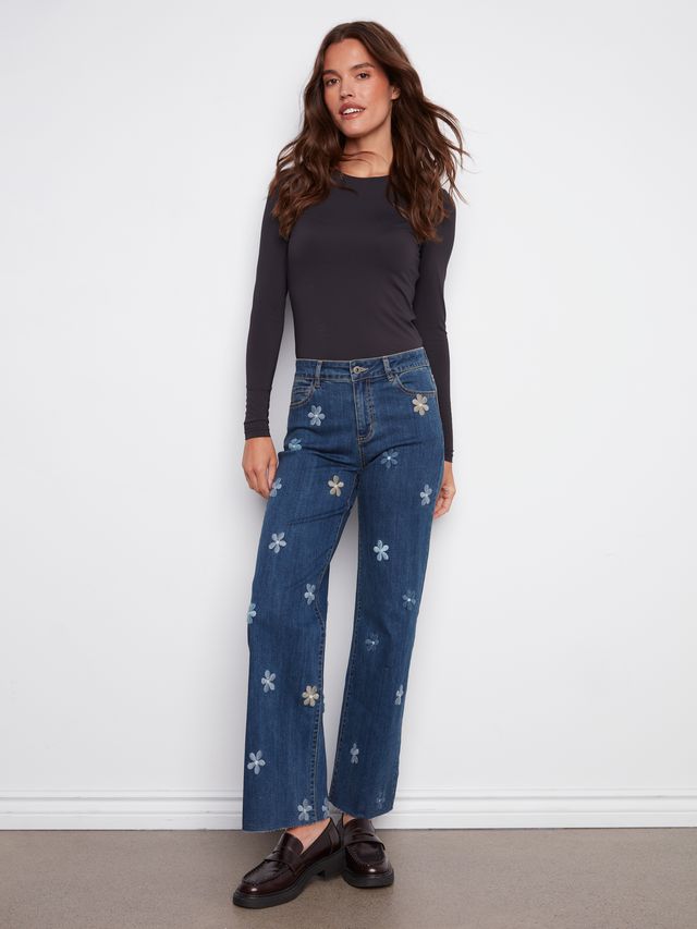 Charlie B Wide Leg Denim Jean Flower Patches - Indigo
