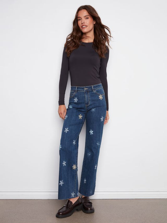 Charlie B Wide Leg Denim Jean Flower Patches - Indigo
