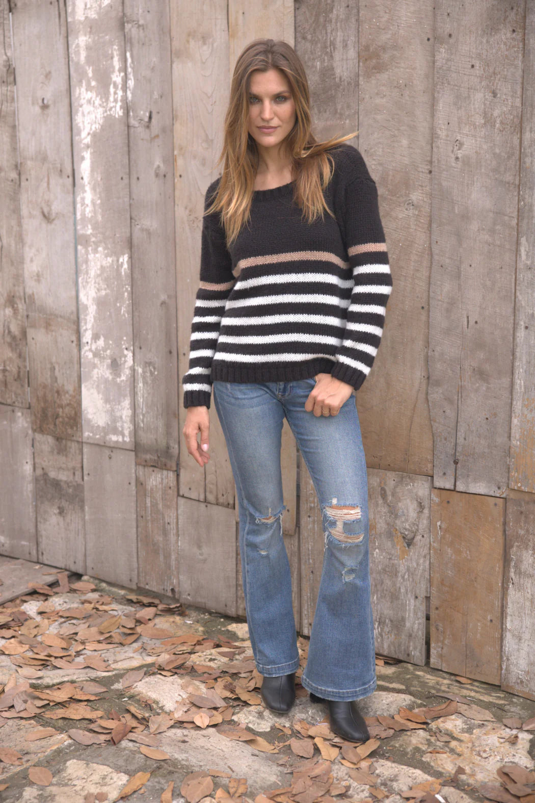 Wooden Ships Kate Striped Chunky Crew Sweater - Black/Pure Snow