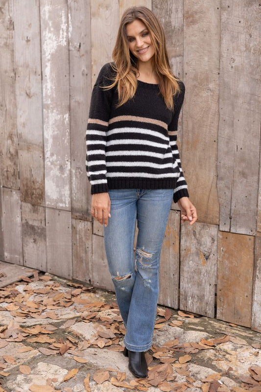 Wooden Ships Kate Striped Chunky Crew Sweater - Black/Pure Snow