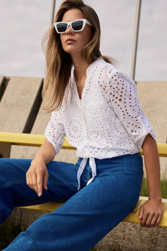 Charlie B Eyelet Embroidery Tie Front Blouse