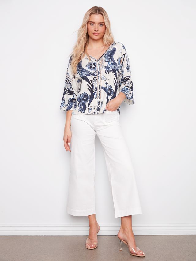 Charlie B Dolman Sleeve Paisley Blouse - Blue
