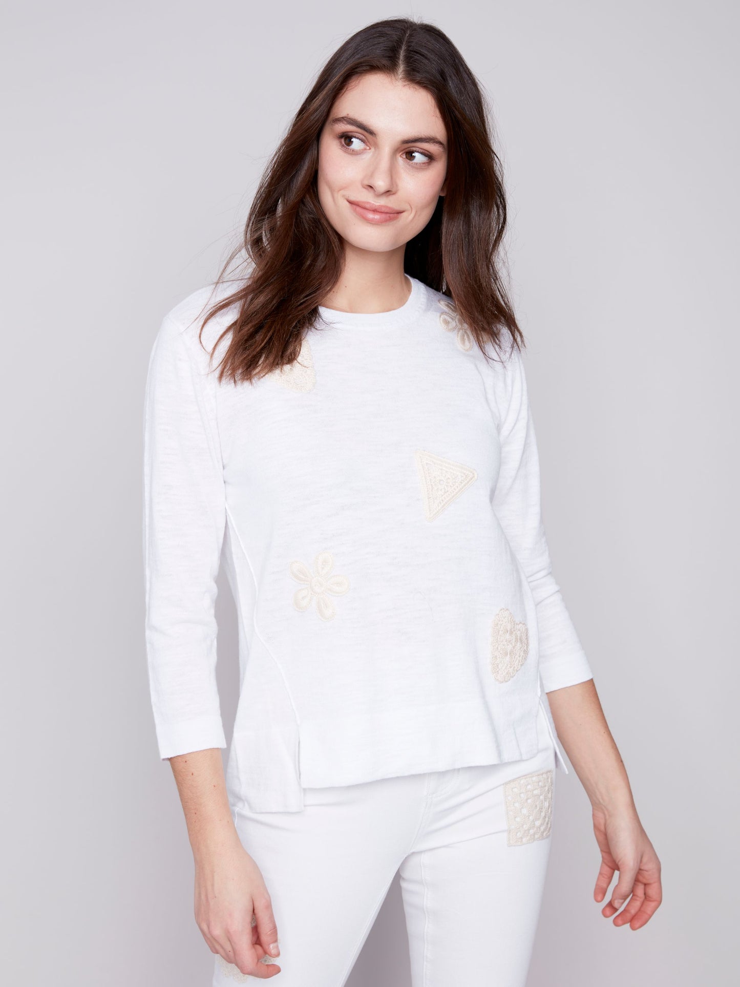 Charlie B 3/4 Sleeve Crochet Patches Top-White