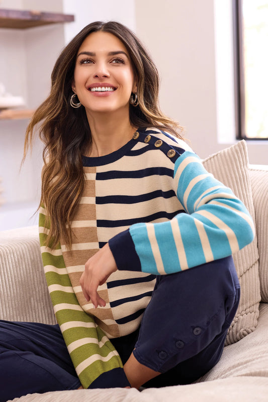 Tribal Multi Stripe Lightweight Crewneck Sweater - Iced Latte