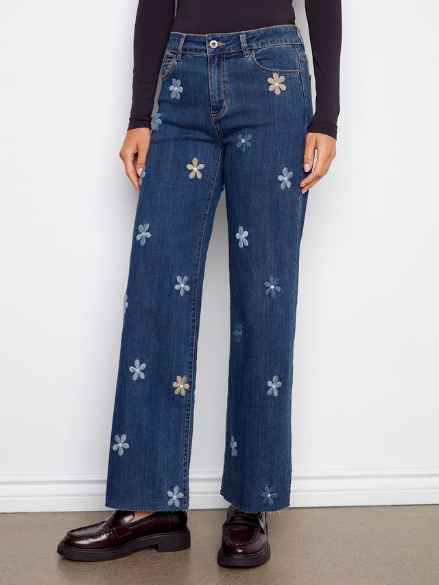 Charlie B Wide Leg Denim Jean Flower Patches - Indigo
