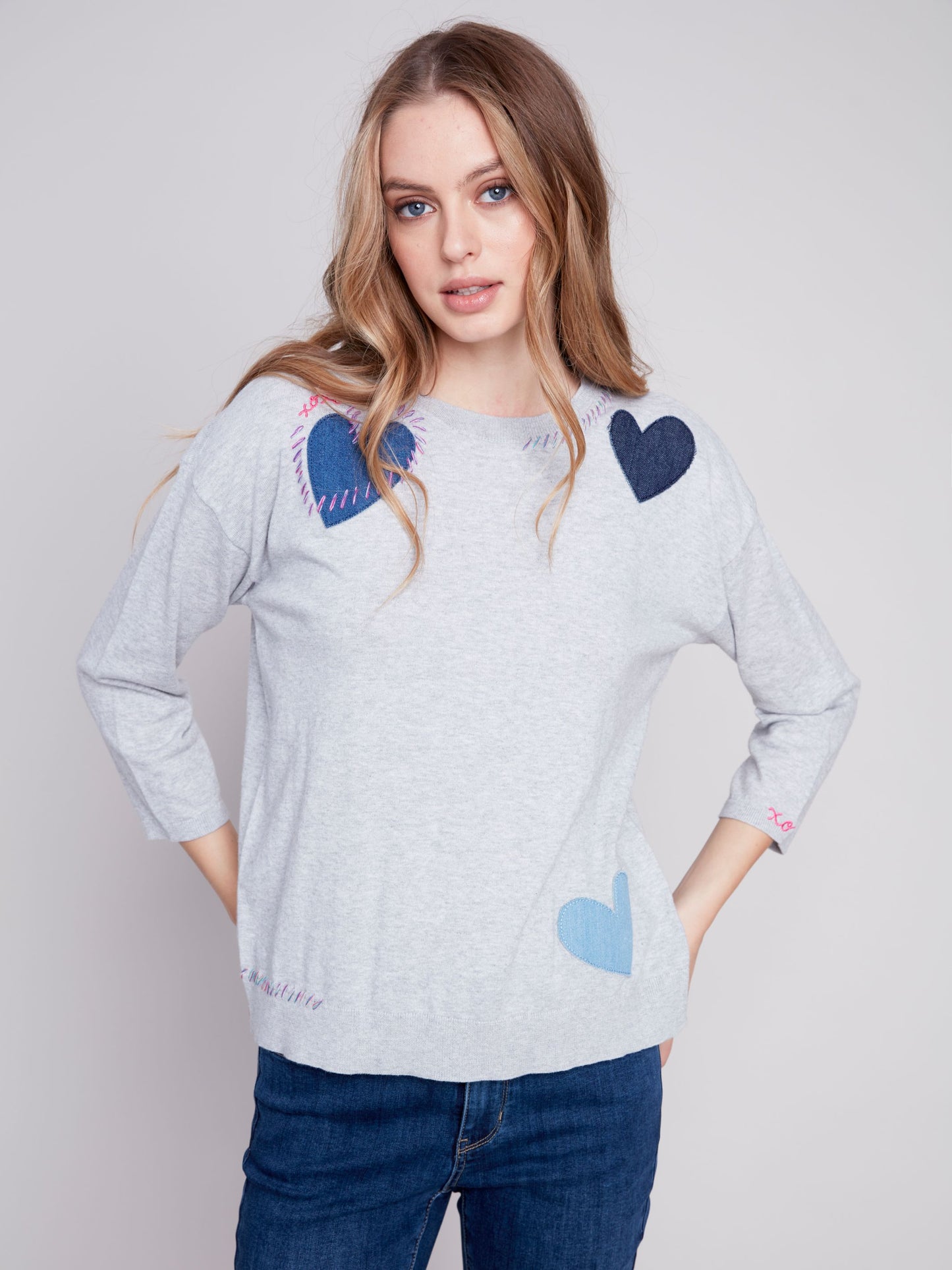 Charlie B 3/4 Sleeve Heart Patch Sweater