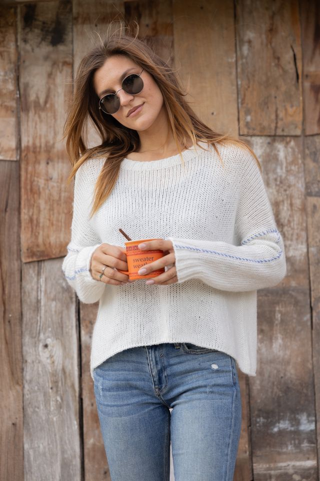 Wooden Ships Topstitch Chunky Crew Sweater - Pure Snow/Scandia Blue