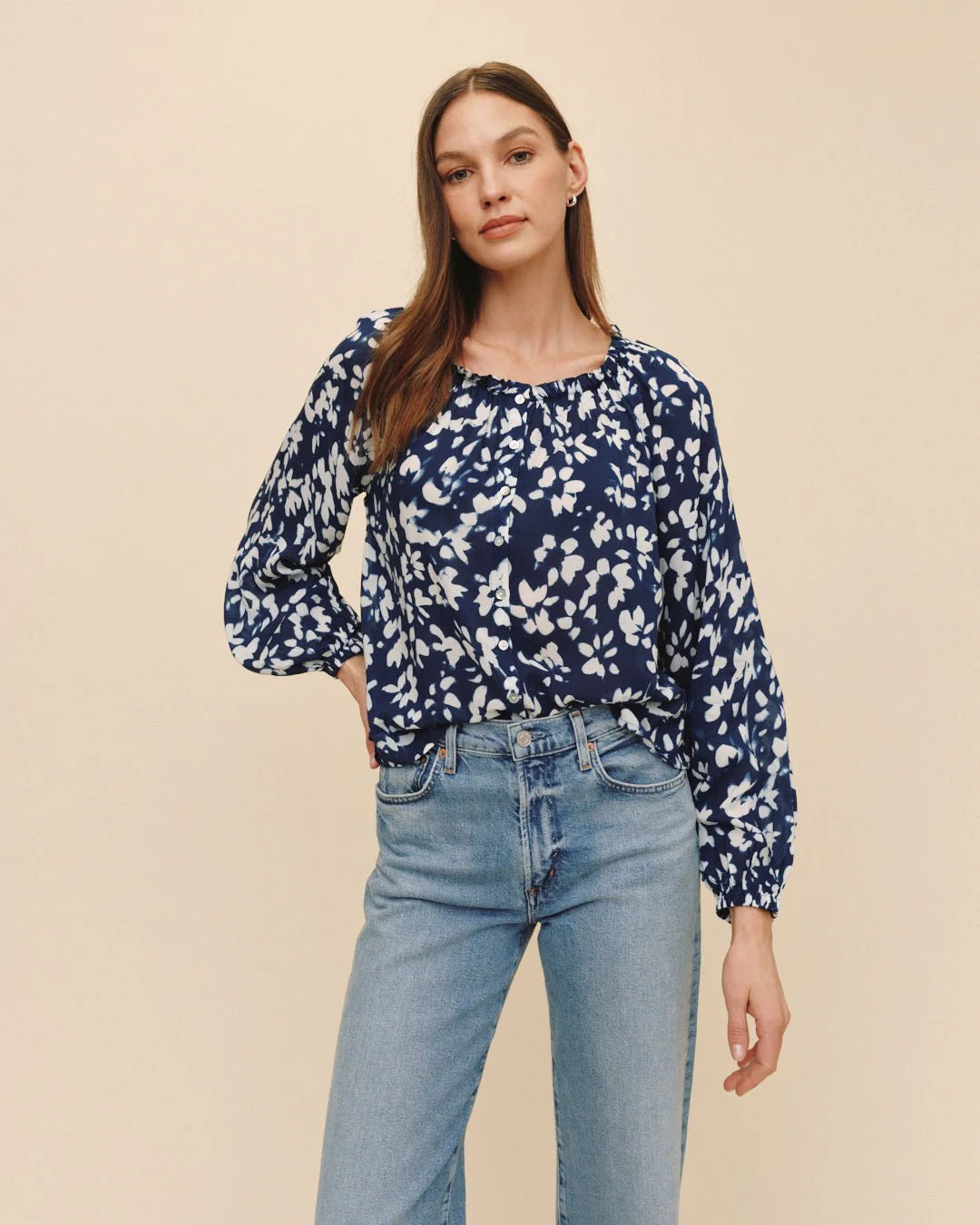 Bella Dahl Ruffle Neck Raglan Button Down - Indigo Bloom
