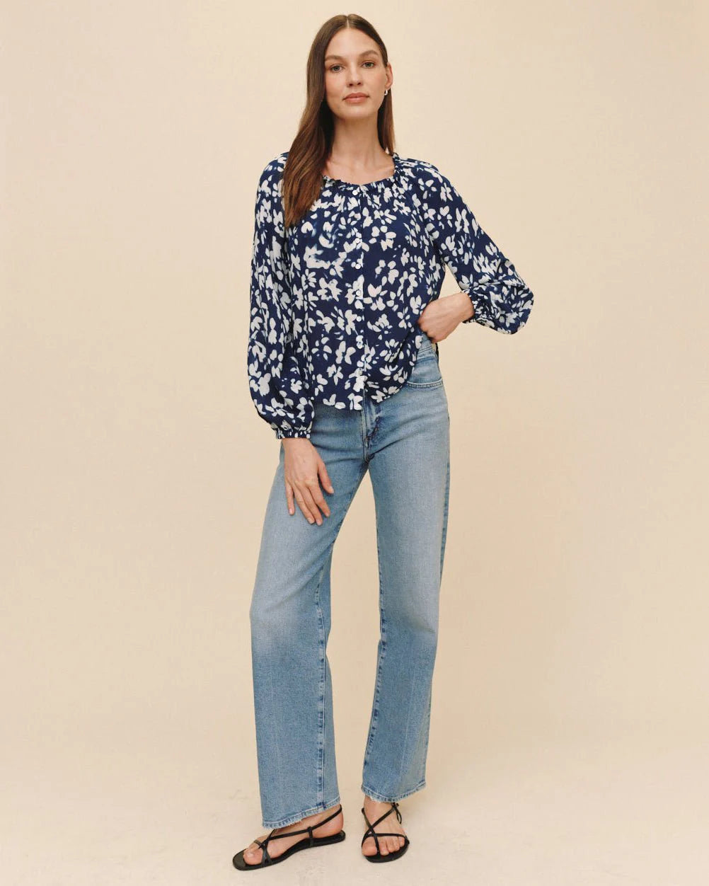 Bella Dahl Ruffle Neck Raglan Button Down - Indigo Bloom