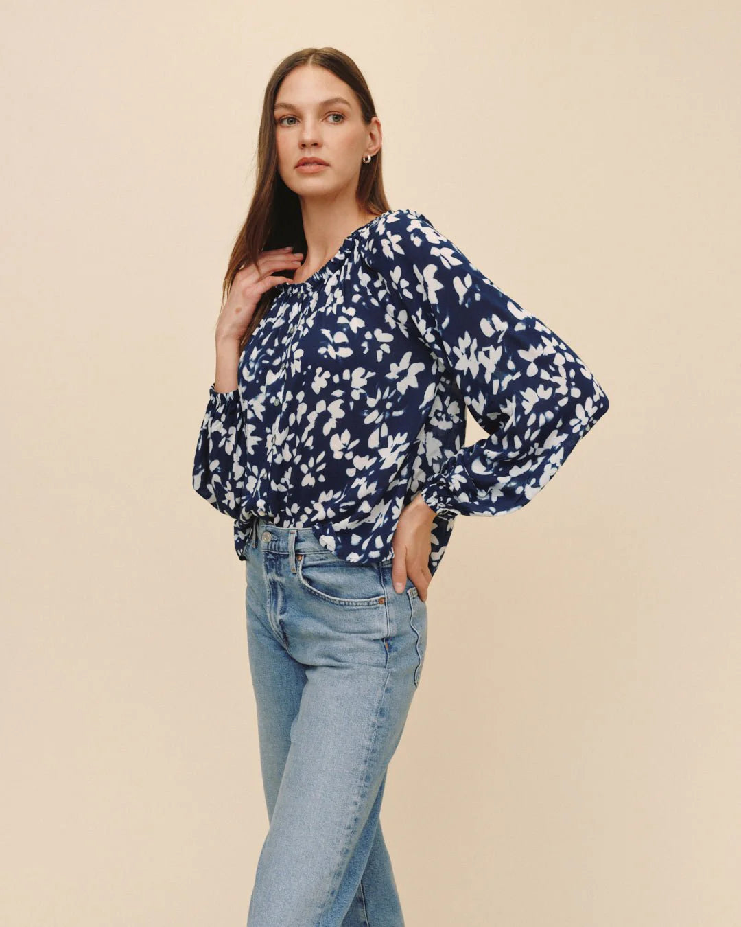 Bella Dahl Ruffle Neck Raglan Button Down - Indigo Bloom