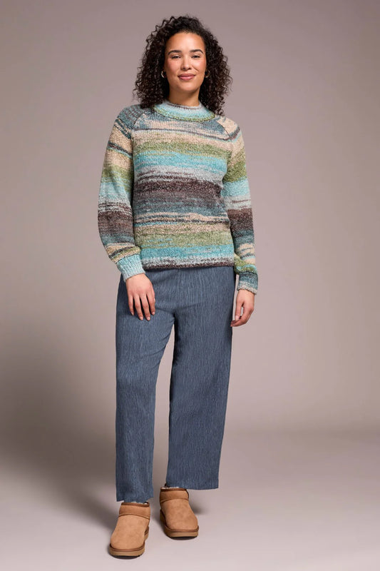 Tribal Boucle Yarn Mock Neck Puff Sleeve Sweater-Aquahaze