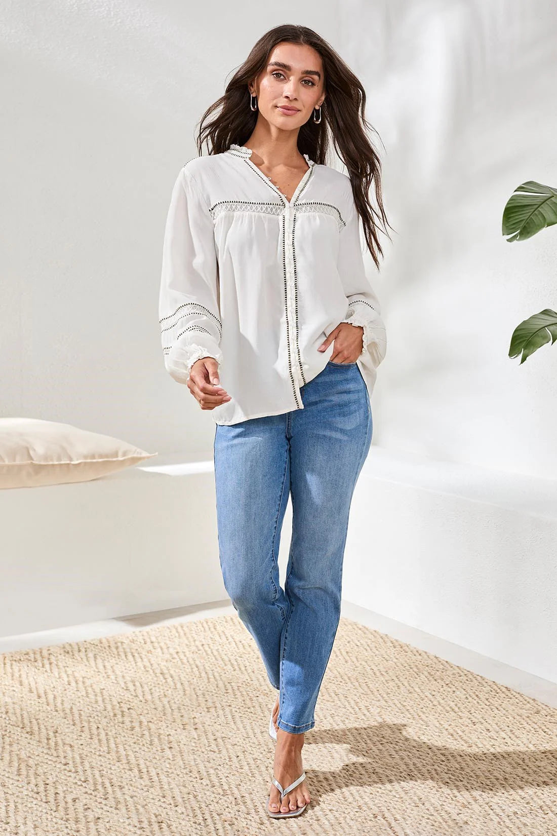 Tribal Eyelet Novelty Blouse - Eggshell