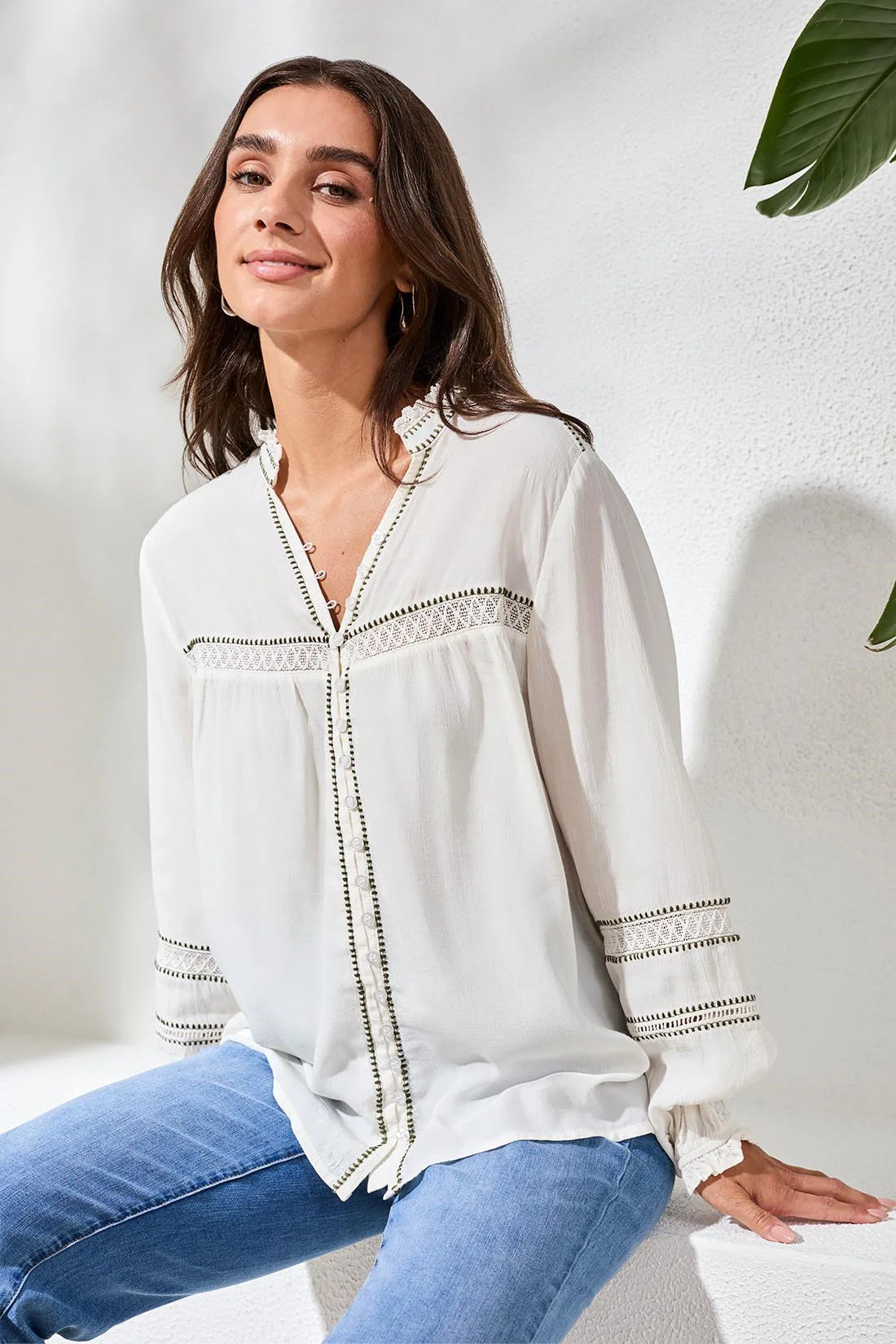 Tribal Eyelet Novelty Blouse - Eggshell