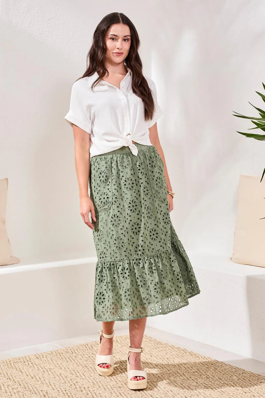 Tribal Floral Embroidered Tiered Boho Maxi Skirt - Moss
